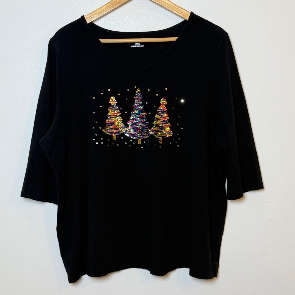 Sparkly Christmas Tree Sequin Bling Festive Top Black V-Neck Plus Size 1X